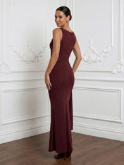 Burgundy Scoop Neck Mermaid Chiffon Maxi Dress with Ruffle