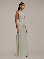 Ivory Chiffon Halter Neck Sleeveless Floor Length Pleated Bridesmaid Dress
