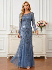 Sequin Leaf Embroidered Long Sleeve Mermaid Mother of the Bride Dress Maxi Dress