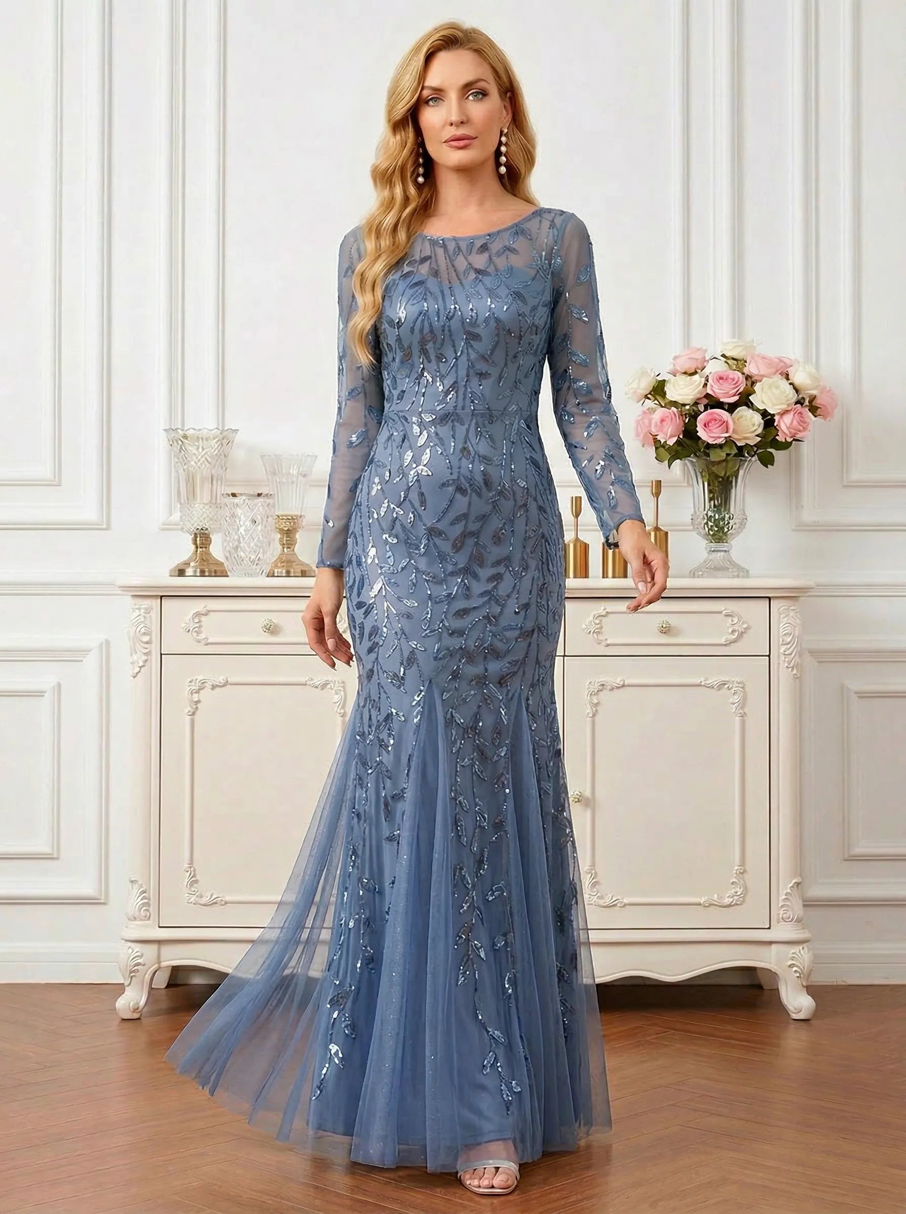 Sequin Leaf Embroidered Long Sleeve Mermaid Mother of the Bride Dress Maxi Dress