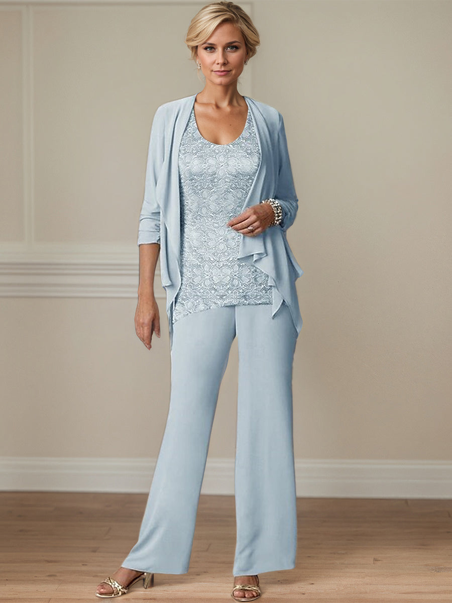 Elegant Scoop Neck Ankle Length Chiffon Mother of the Bride Pantsuits