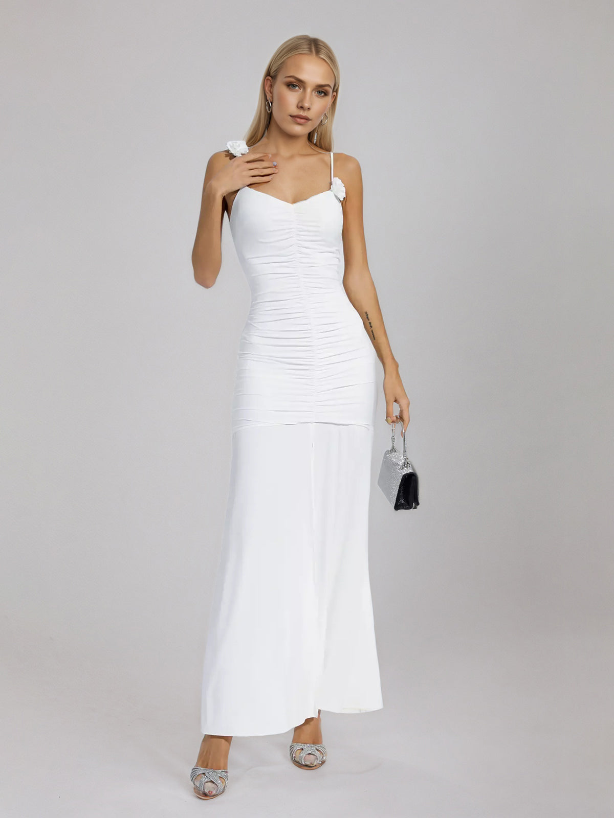 White Floral Ruched Slip Maxi Dress
