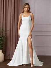 White Mermaid Scoop Sequins Crepe Back Satin Wedding Dress