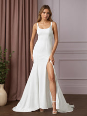White Mermaid Scoop Sequins Crepe Back Satin Wedding Dress