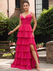 Yellow A Line V-Neck Ruffled Tiered Chiffon Prom Dress with Slit
