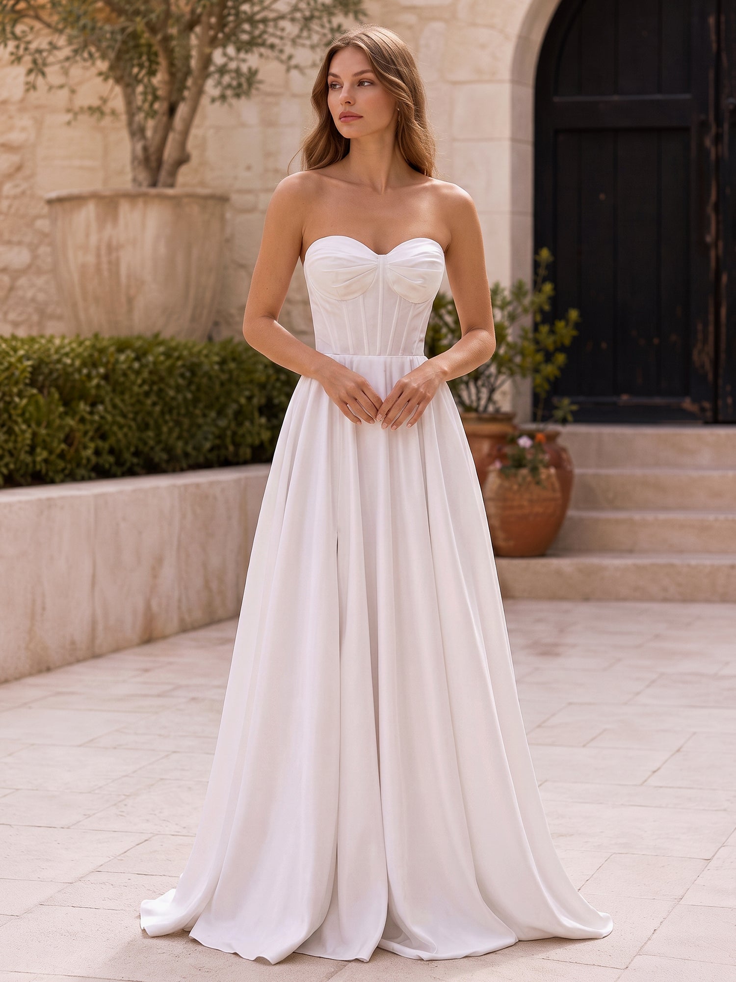 Elegant Strapless A-Line Wedding Dress with Draped Bow Bodice & High Slit