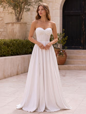 Elegant Strapless A-Line Wedding Dress with Draped Bow Bodice & High Slit