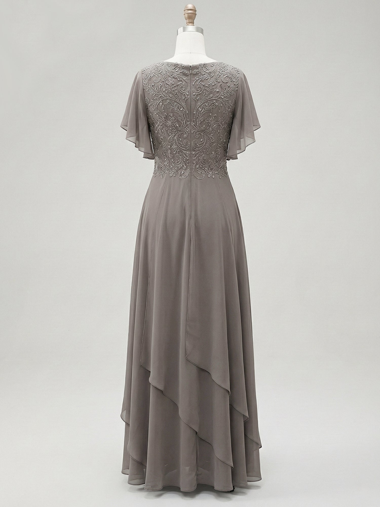 A-line V-Neck Ankle-Length Lace Chiffon Mother of the Bride Dress With Cascading Ruffles