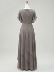 A-line V-Neck Ankle-Length Lace Chiffon Mother of the Bride Dress With Cascading Ruffles