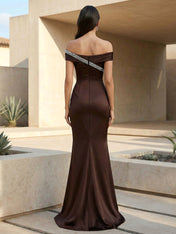 Brown Off the Shoulder Maxi Dresses with Sequins Mermaid Evening Dress