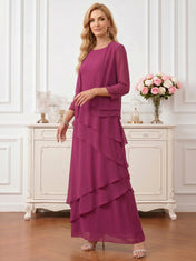 Round Neck Tiered Chiffon A-Line Mother of the Bride Dress with Matching Bolero Jacket