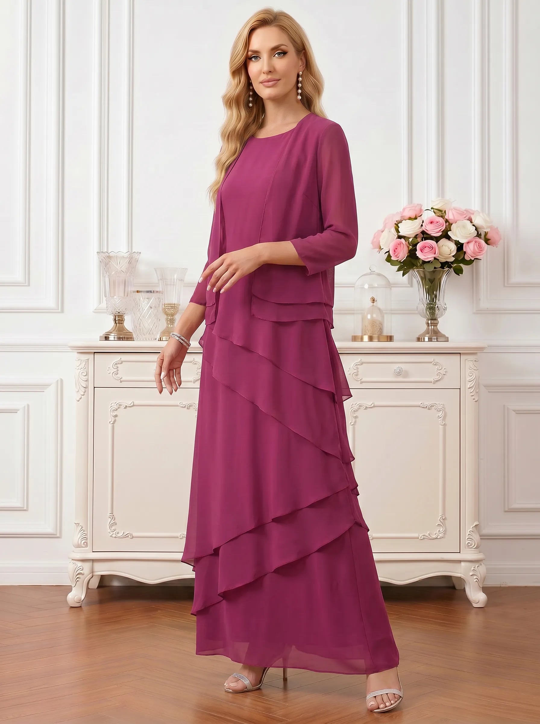 Round Neck Tiered Chiffon A-Line Mother of the Bride Dress with Matching Bolero Jacket
