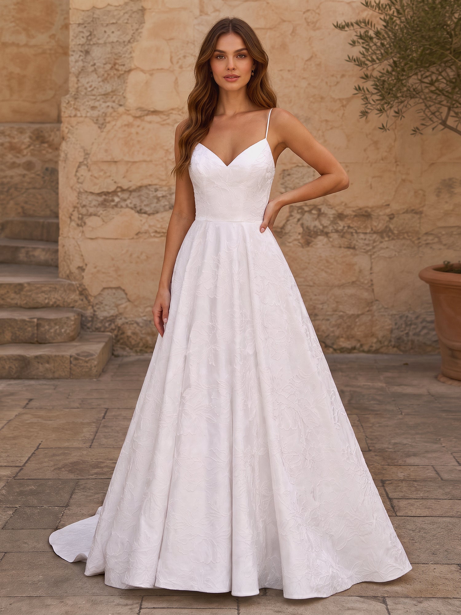 Elegant Floral Lace A-Line Wedding Dress with Spaghetti Straps & Sweep Train