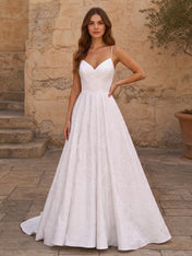 Elegant Floral Lace A-Line Wedding Dress with Spaghetti Straps & Sweep Train
