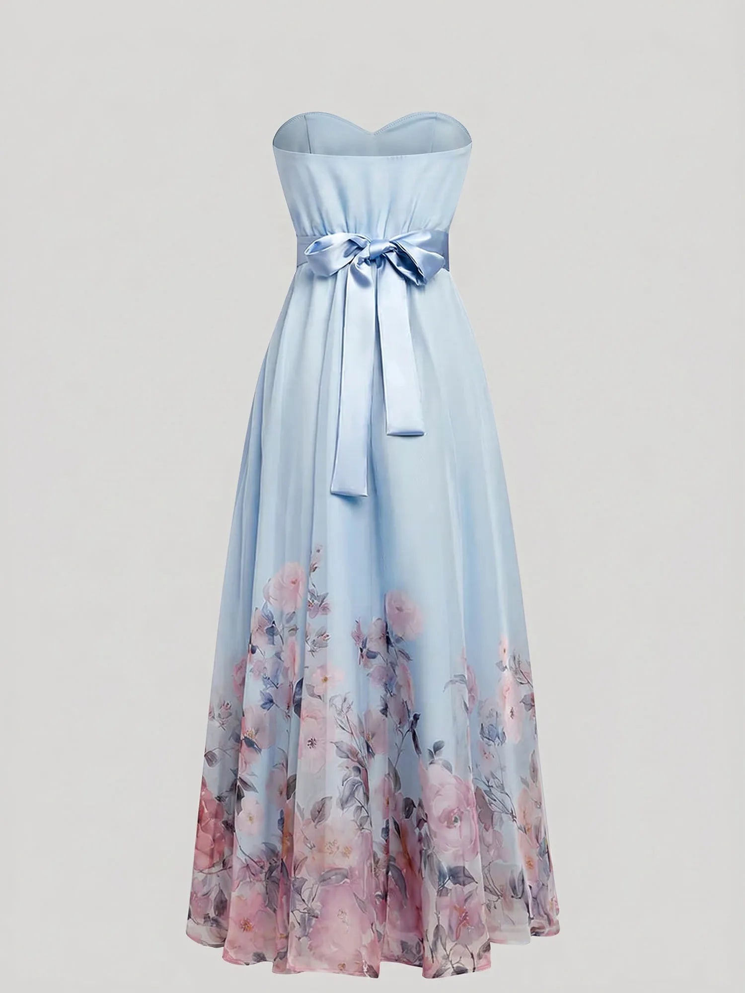 Strapless Sweetheart Neckline Floral Print Chiffon Evening Gown with Ruched Waist