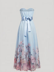 Strapless Sweetheart Neckline Floral Print Chiffon Evening Gown with Ruched Waist