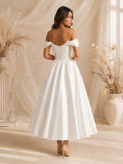 Off-The-Shoulder Pleated Satin Tea-Length Wedding Dress with Corset Back