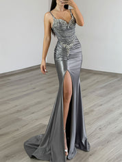 Gold Liquid Beaded Bodice Satin Prom Dress with Slit