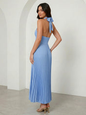 Blue Halter Neck Mermaid Chiffon Maxi Dress with Pleat
