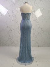 Blue Beaded Corset Long Prom Dress with Matching Gloves