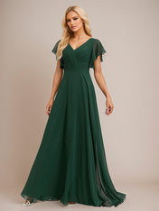Dark Green A Line Chiffon V Neck Floor Length Bridesmaid Dress With Ruffle