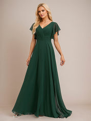Dark Green A Line Chiffon V Neck Floor Length Bridesmaid Dress With Ruffle