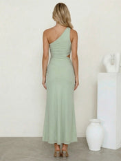 Sage Green One Shoulder Mermaid Satin Maxi Dress Tea Length
