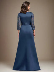 A-Line Scoop Floor-Length Lace Satin Mother Of the Bride Dress With Applique
