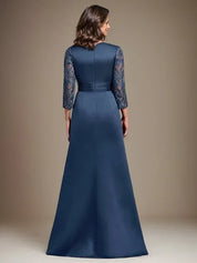 Robe de mère de la mariée en satin et dentelle, coupe trapèze, longueur au sol, avec appliques 