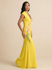 Radiant Canary Yellow Botanical Embroidered Gown Formal Evening Dress