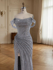 Sparkly Off-the-Shoulder Mesh Ruched Bodice Long Prom Dress with High Slit