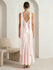 Pink V Neck Satin Mermaid Maxi Dress with Ruffle