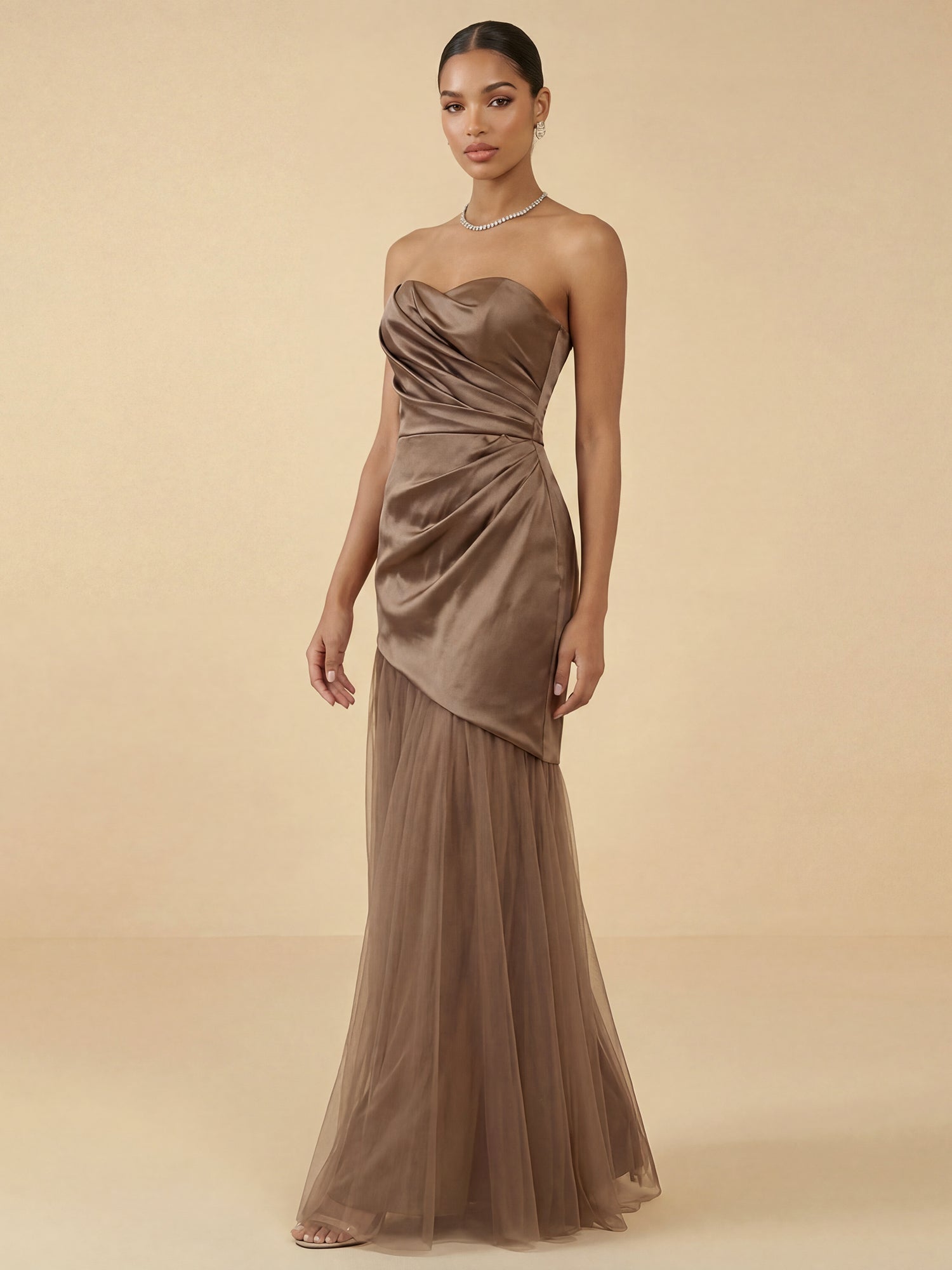 Strapless Satin Evening Gown with Draped Bodice and Tulle Skirt