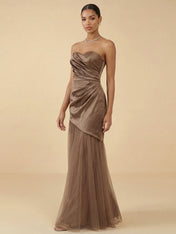 Strapless Satin Evening Gown with Draped Bodice and Tulle Skirt