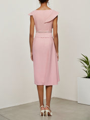 Pink Asymmetrical Neck Cap Sleeve Rhinestone A-Line Midi Dress