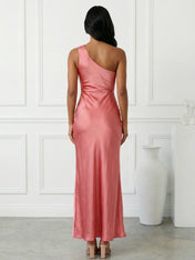 Navy Blue One Shoulder Mermaid Maxi Dress with Slit