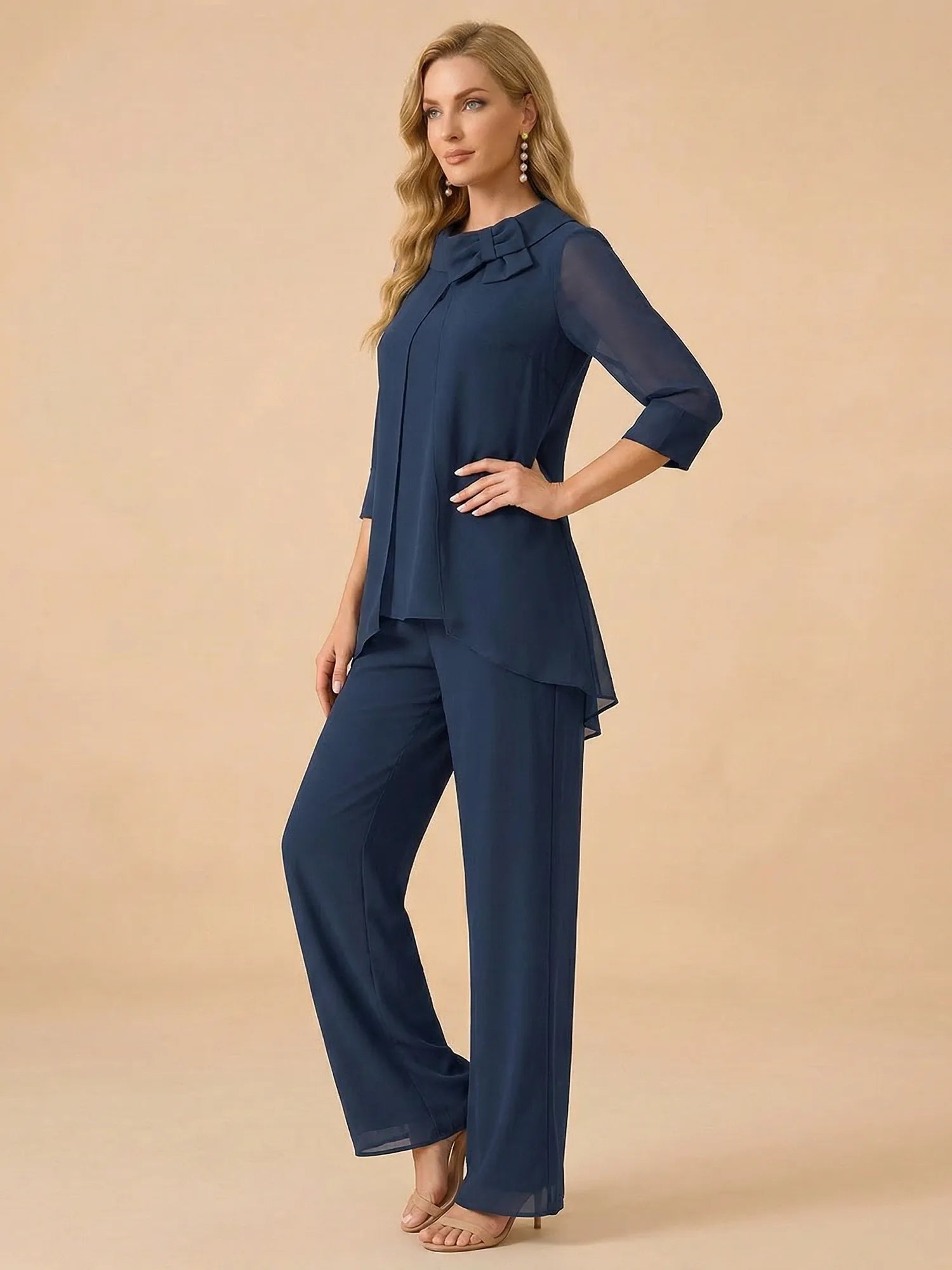 Scoop Neck 3/4 Sleeve Pleated Chiffon Mother of the Bride Pantsuit