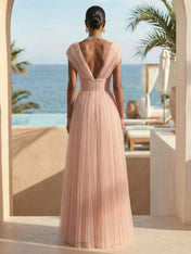 Pink V Neck A Line Regular Straps Tulle Maxi Dresses for Women Backless