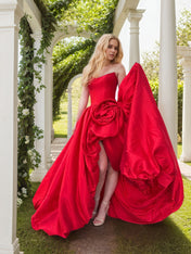 Strapless 3D Flower Prom Dresses for Women High Slit Satin Formal Dress