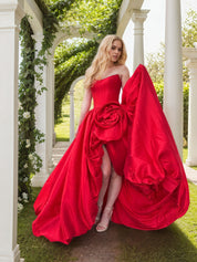 Strapless 3D Flower Prom Dresses for Women High Slit Satin Formal Dress