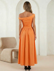 Orange One Shoulder Satin A Line Pleat Maxi Dresses