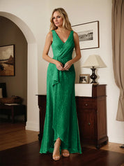 A-Line V-Neck Ruched Metallic Mesh Dress