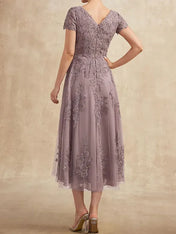 A-line Scoop Tea-Length Tulle Lace Mother of the Bride Dress