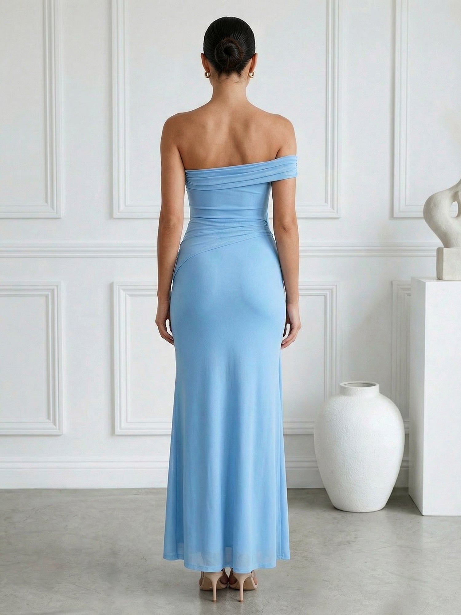 Light Blue Strapless Mermaid Tea Length Maxi Dress with Pleat