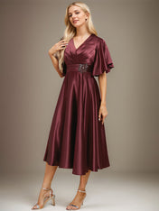 A-line V-Neck Tea-Length Stretch Satin Mother of the Bride Dress With Beading Pleated