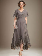 A-line V-Neck Asymmetrical Lace Chiffon Mother of the Bride Dress With Pleated