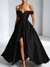 Formal Dress A Line Satin Off The Shoulder Slit Maxi Dress