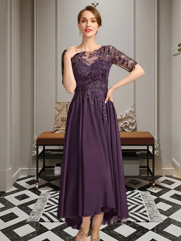 Robe de mère de la mariée asymétrique en mousseline de soie et dentelle, coupe trapèze, décolleté en V, illusion, avec paillettes 