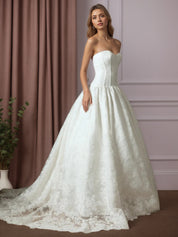 White Ball-Gown Strapless Lace Satin Wedding Dress