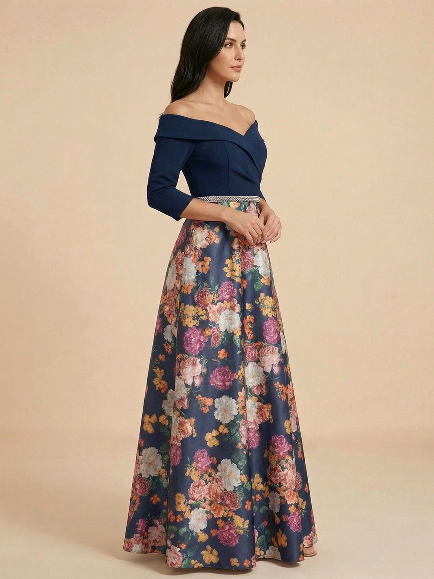 Navy Blue Off the Shoulder 3/4 Sleeves Satin Two-piece Print Floral Mother of the Brides dress
